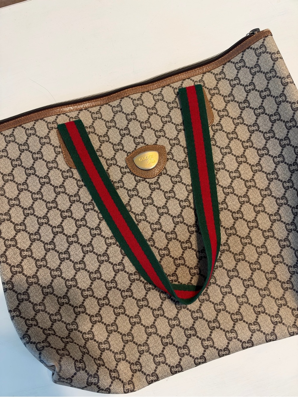 Vintage GUCCI PLUS GG Monogram Coated Leather Shopper Tote Shoulder Bag Italy